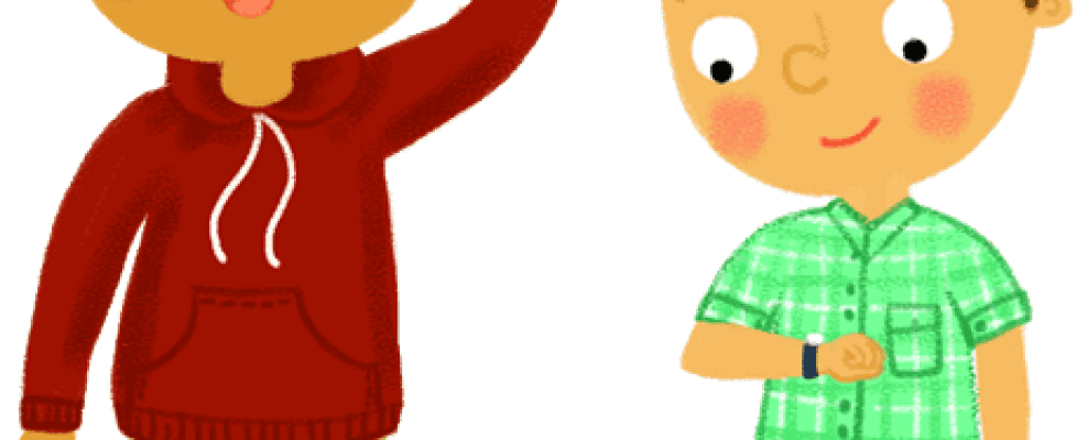 Illustration: one boy waving with another looking at his watch