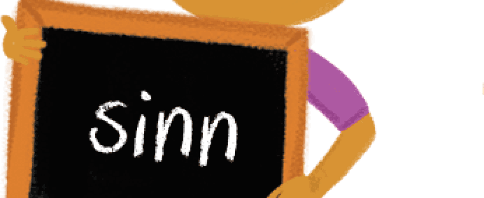 Illustration: Schoolgirl holding chalkboard with 'sinn' on it