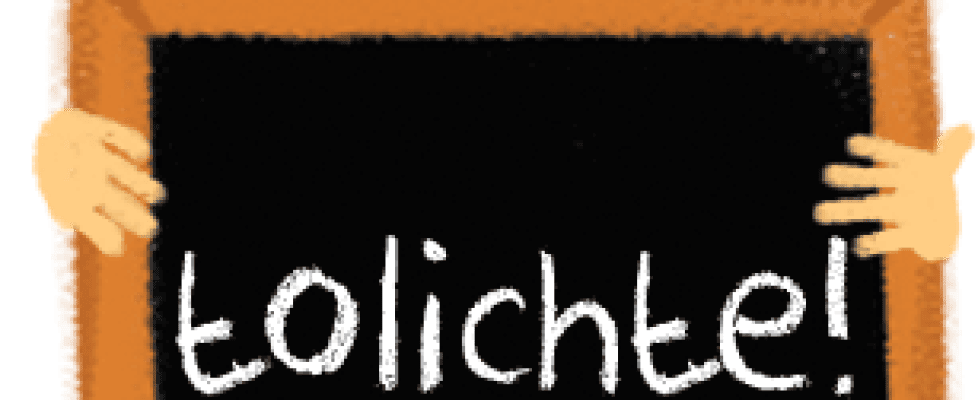 Illustration: Boy holding chalkboard with TOILICHTE! (Happy) written on it