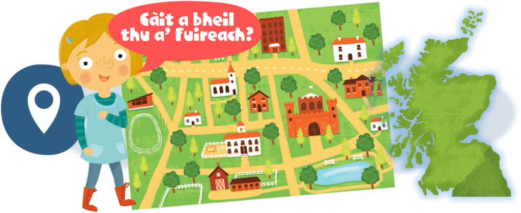 Girl with town map asking where you live (in Gaelic)