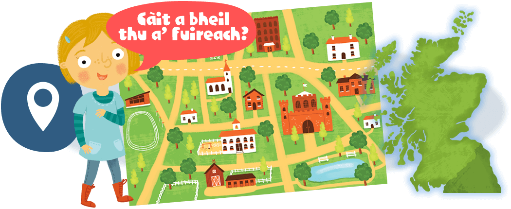 Girl with town map asking where you live (in Gaelic)