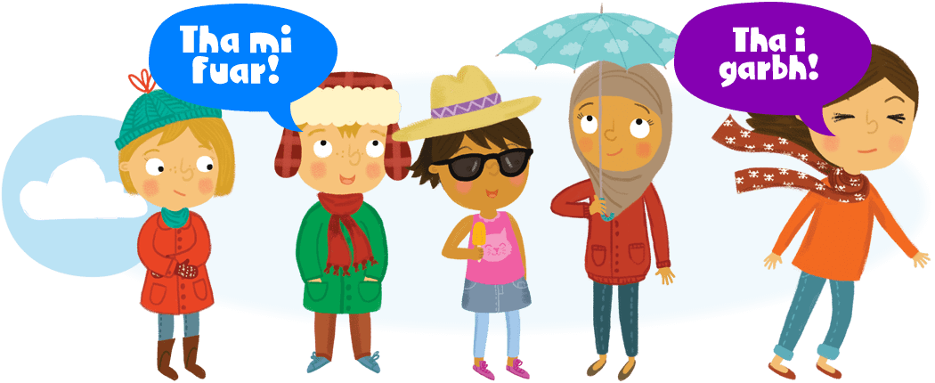 Kids indicating different weather types