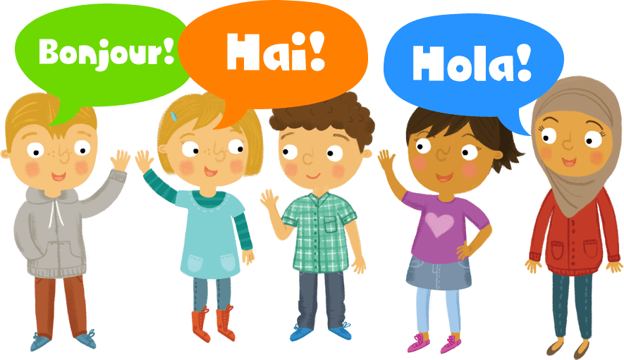 Group of children greeting each other in different langauges