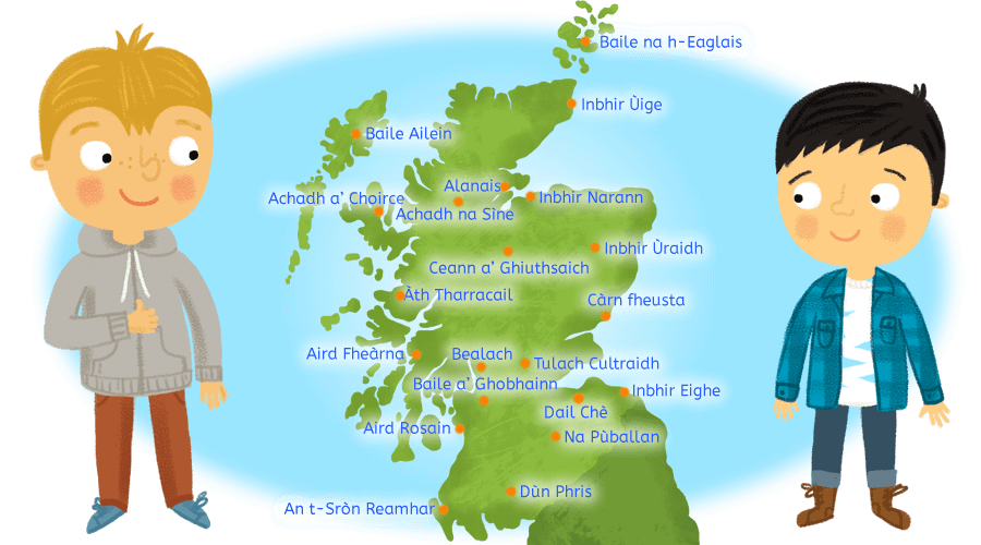 Two boys looking at a map of Scotland with Gaelic names