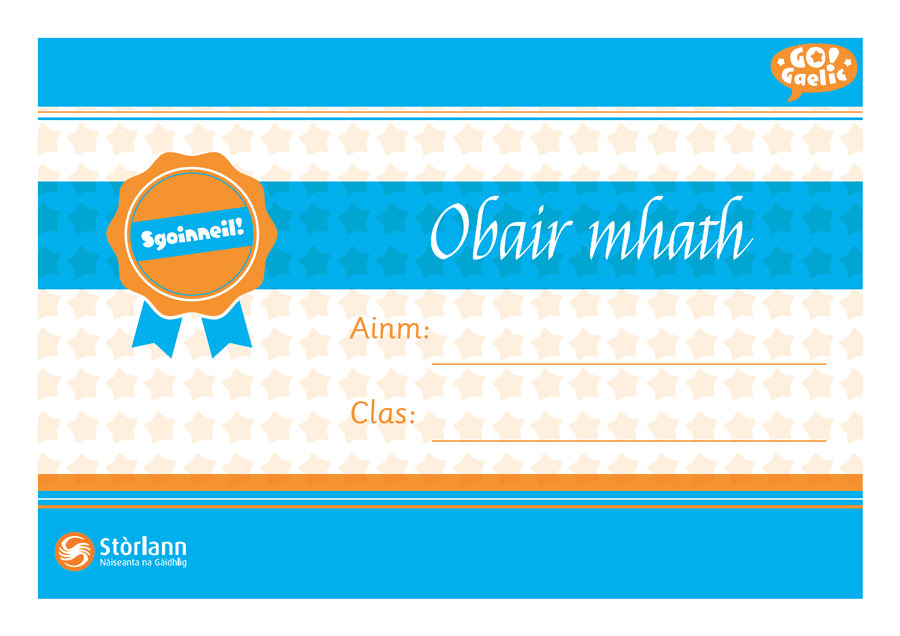Image: Certificate with 'Obair Mhath' text