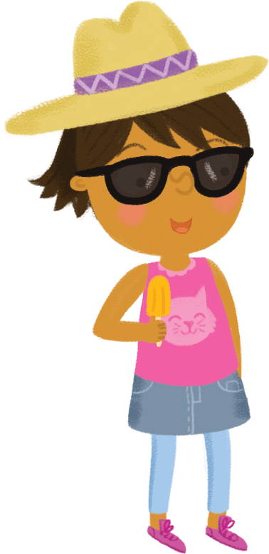Illustration: schoolgirl with hat, sunglasses and icecream