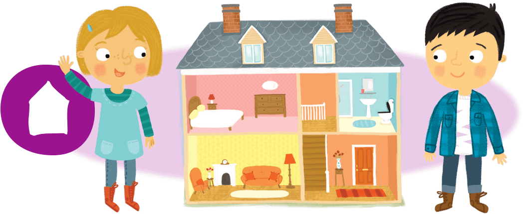Girl and boy with illustration of house