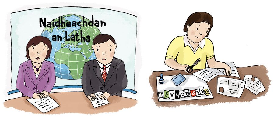 Illustration: Gaelic News Readers and woman creating collage