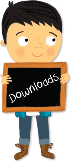 Boy holding chalkboard with "Downloads" written on it